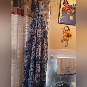 Blue and White Maxi Dress with Floral Scroll Print